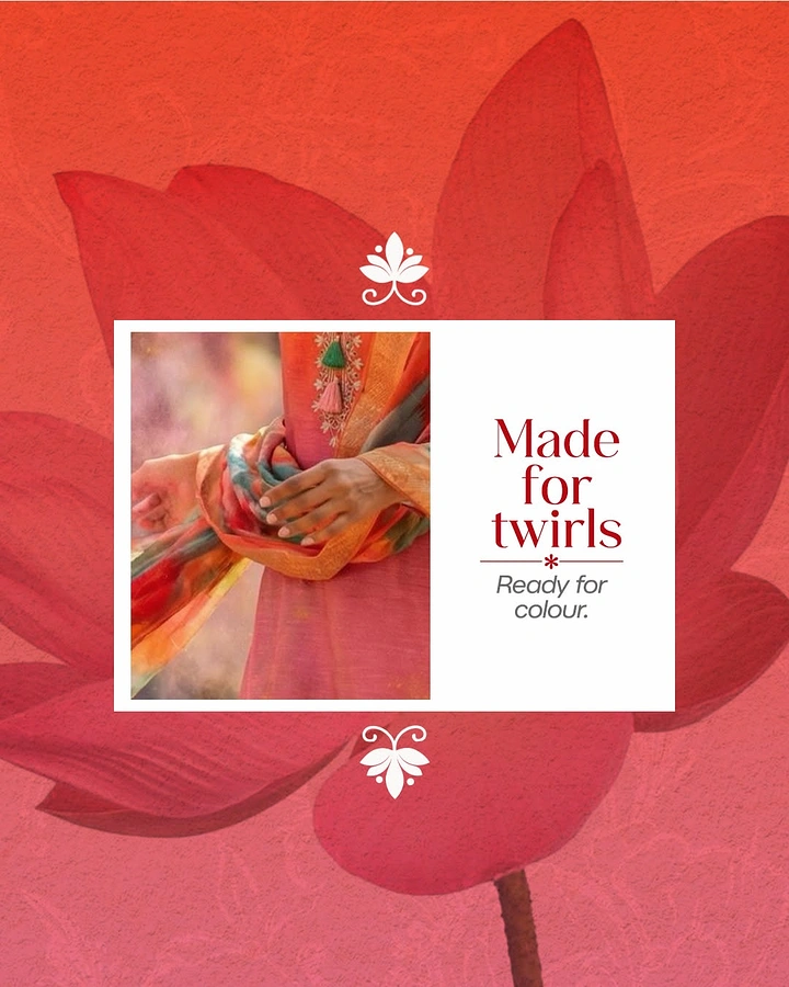 Holi creative ad: Close-up of hands holding a colourful dupatta over a pink kurta