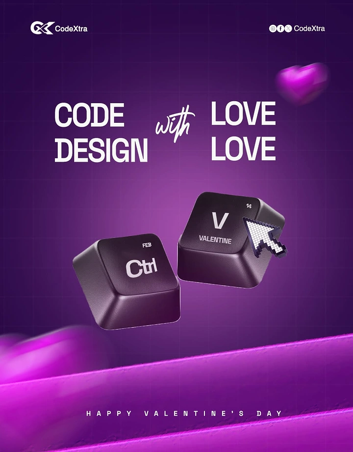Valentine's Day creative ad: Ctrl and V keycaps floating with pixel cursor