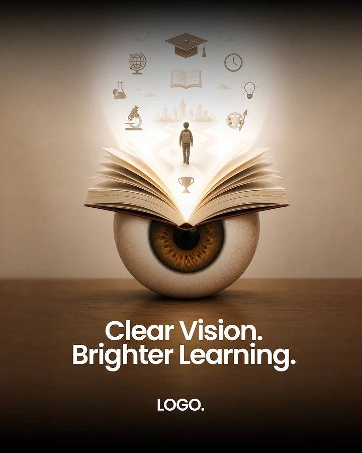 Opticians & Eye Care creative ad: Surreal eyeball wearing an open book, with glowing education icons rising from it