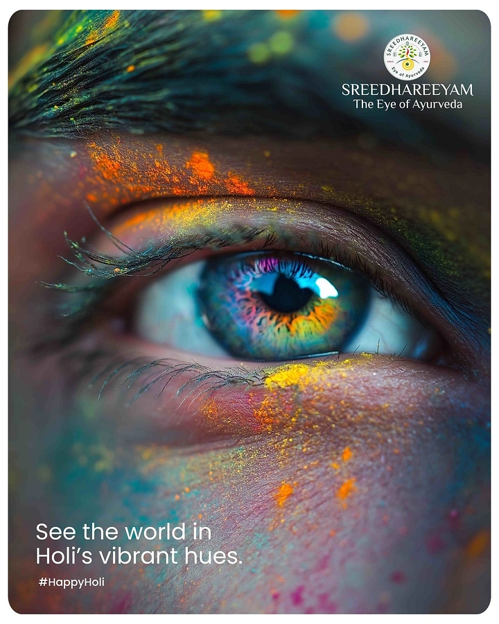 Holi creative ad: Extreme close-up of an eye with a rainbow iris and Holi powder