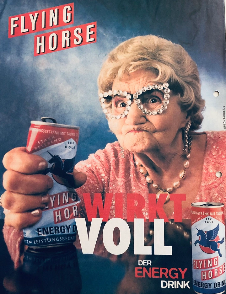 Energy & Sports Drinks creative ad: Retro character parody gives drink memorable voice