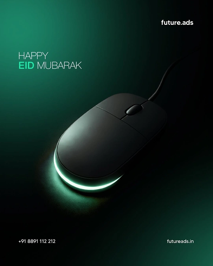 Eid creative ad: Black computer mouse with a glowing green crescent underglow