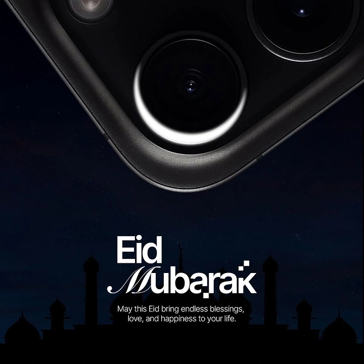 Eid creative ad: Close-up of a phone camera lens with a crescent-shaped highlight
