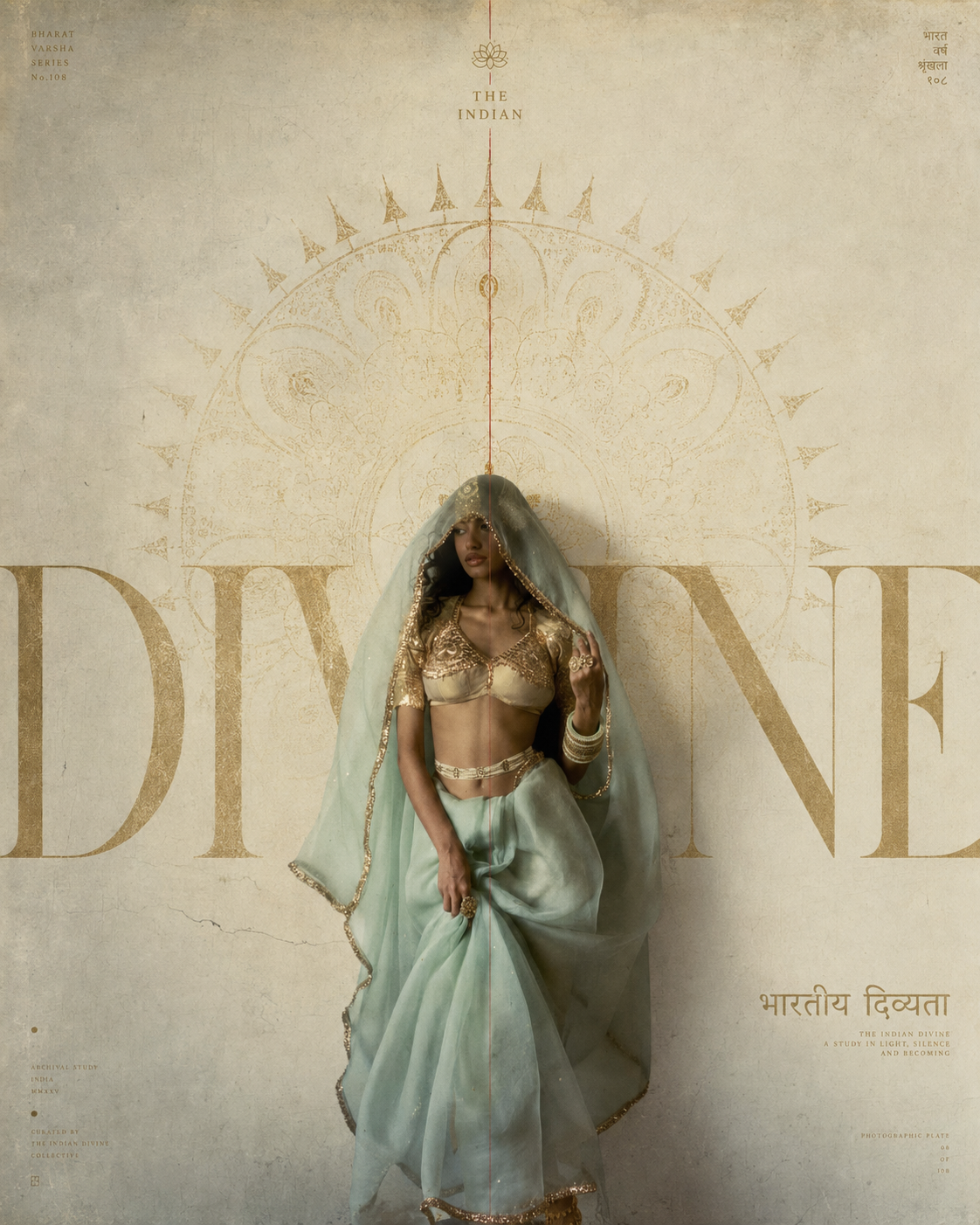 Instagram post: Veiled woman in mint organza lehenga with gold blouse against a mandala wall