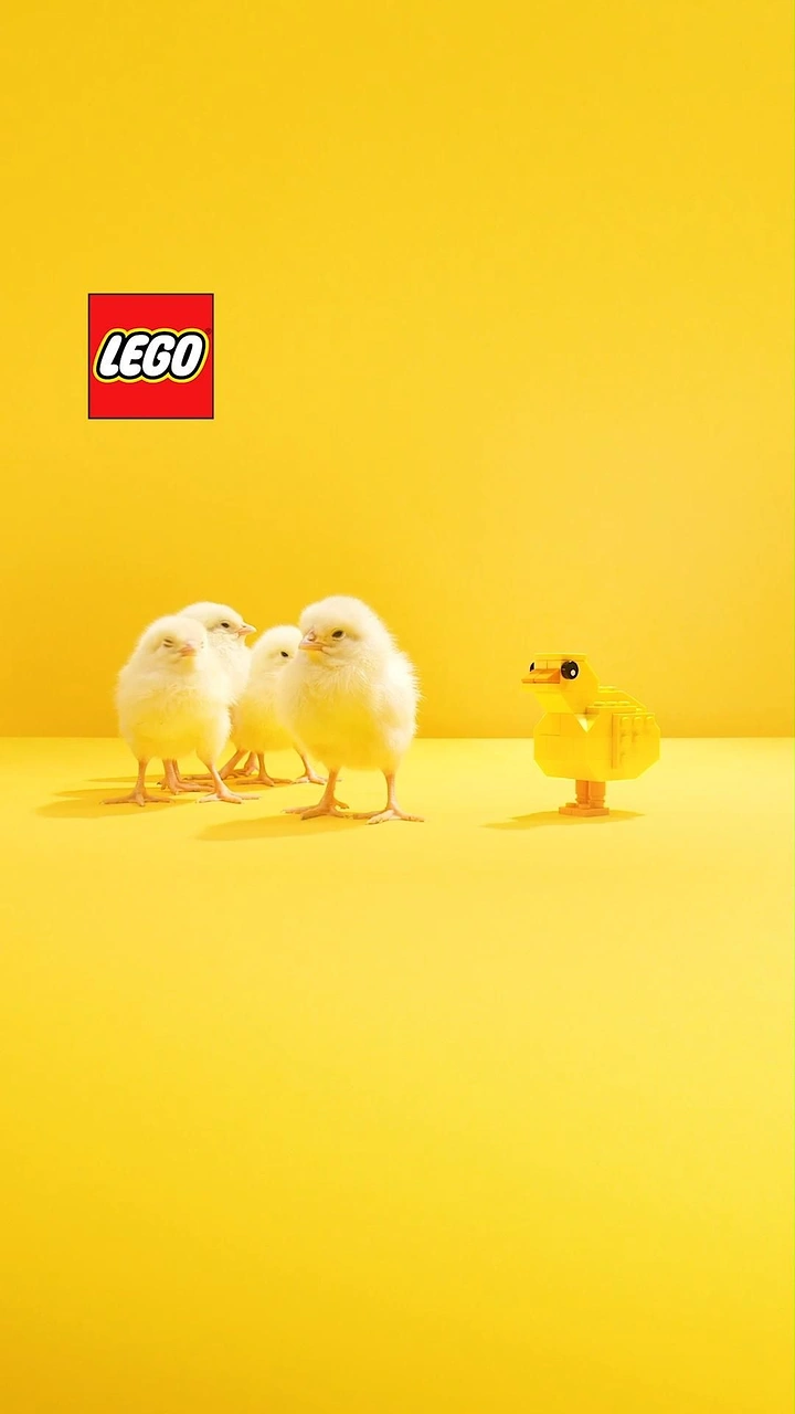 Easter creative ad: Real fluffy chicks facing a yellow toy-brick chick