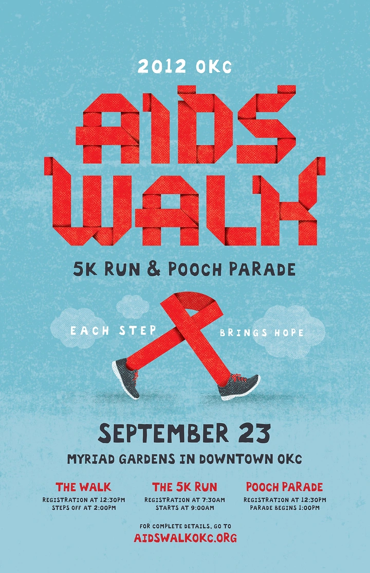 Creative ad: Red awareness ribbon walking on sneaker-clad legs under folded-ribbon lettering