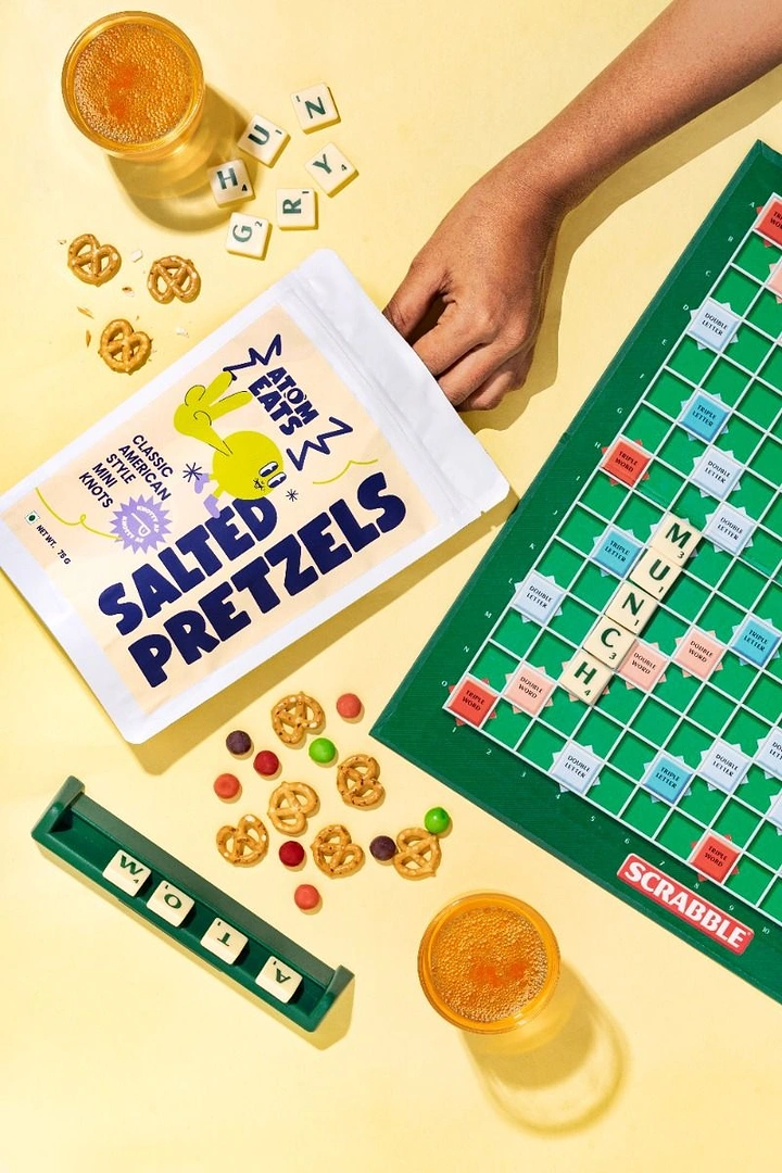 Board Games & Game Cafes creative ad: Scrabble board turns pretzels into campaign