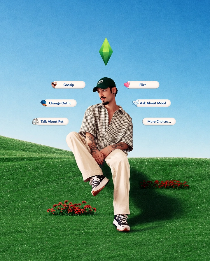 Gaming & Esports creative ad: Real person as Sims character, plumbob menu