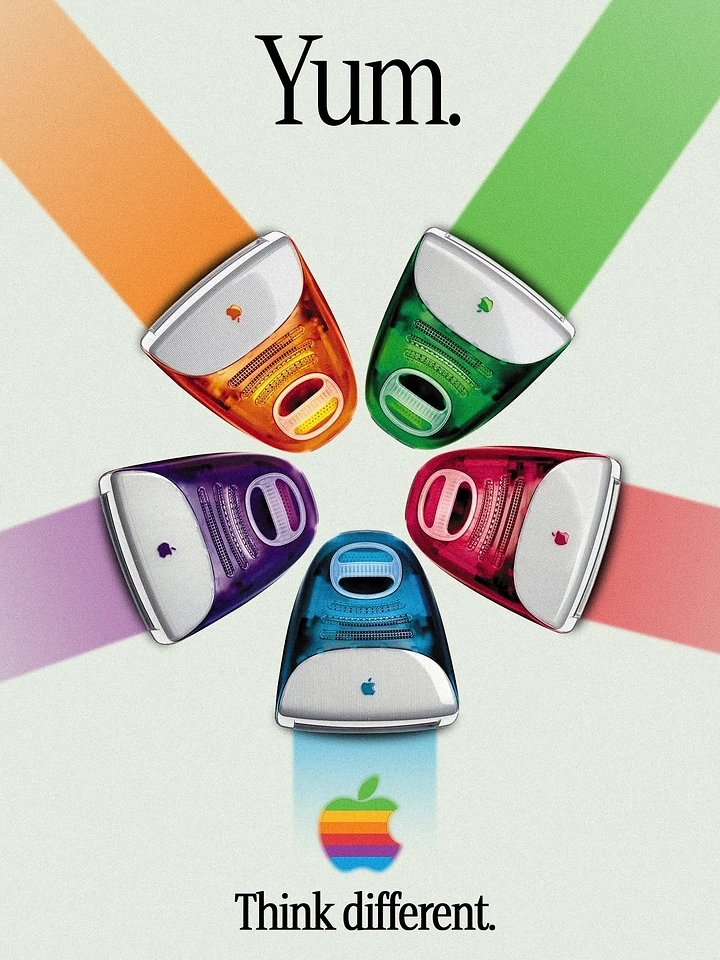 Electronics creative ad: Five translucent colourful computers arranged like flower petals