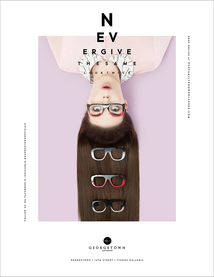 Opticians & Eye Care creative ad: Upside-down face, glasses stacked as hair