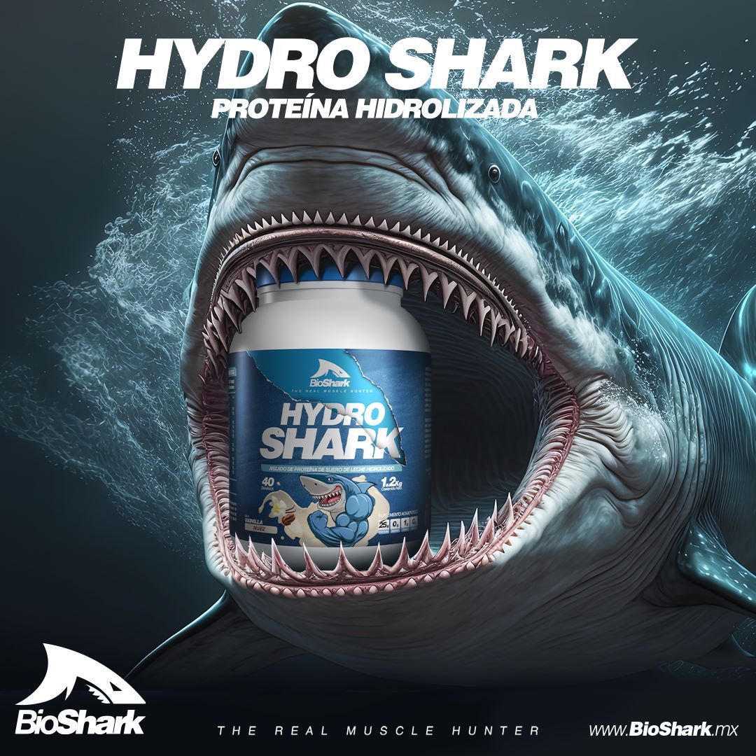Instagram post: Protein tub held inside the open jaws of a great white shark underwater
