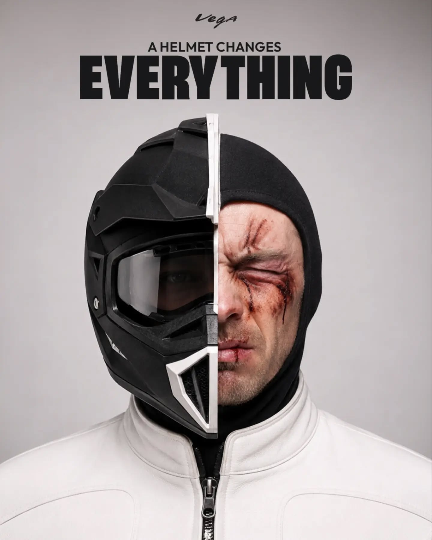 Instagram post: Helmet and face split transformation