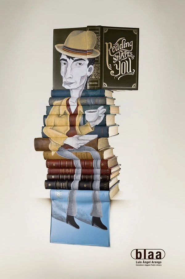 Bookstores creative ad: Stacked book spines form a reader