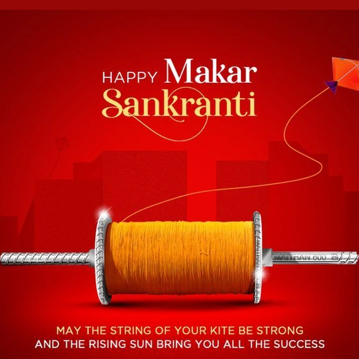Makar Sankranti creative ad: Kite-string spool built on a steel TMT rebar axle
