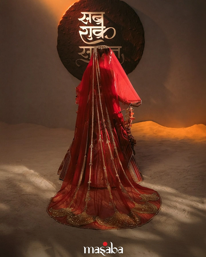 Dussehra creative ad: Veiled woman in an ornate red bridal ensemble seen from behind