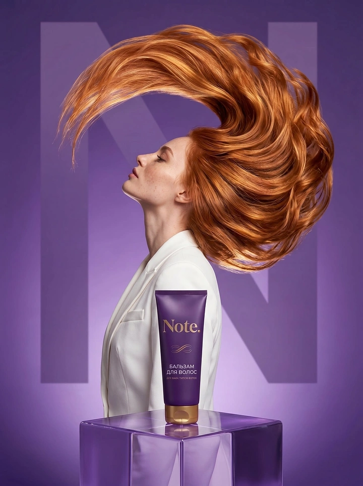 Beauty & Salon creative ad: Red-haired woman in profile with hair flipped in a wide arc, conditioner tube on a glass cube