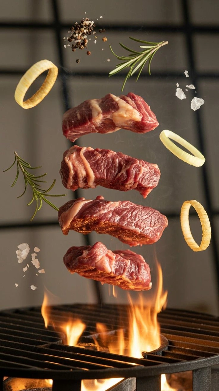 Meat & Seafood Shops creative ad: Stacked raw steak pieces floating over a flaming grill
