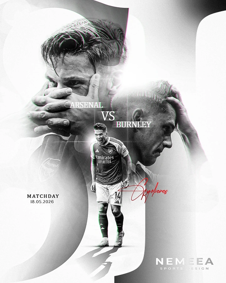 Creative ad: Monochrome full-body footballer celebrating, framed by large faded close-up faces