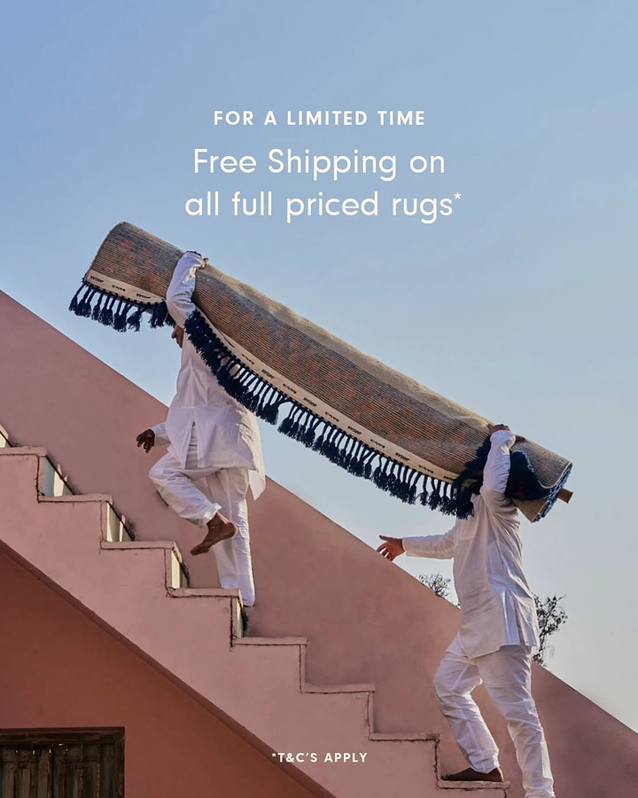 Rugs & Carpets creative ad: Rug carried up stairs for free-shipping offer