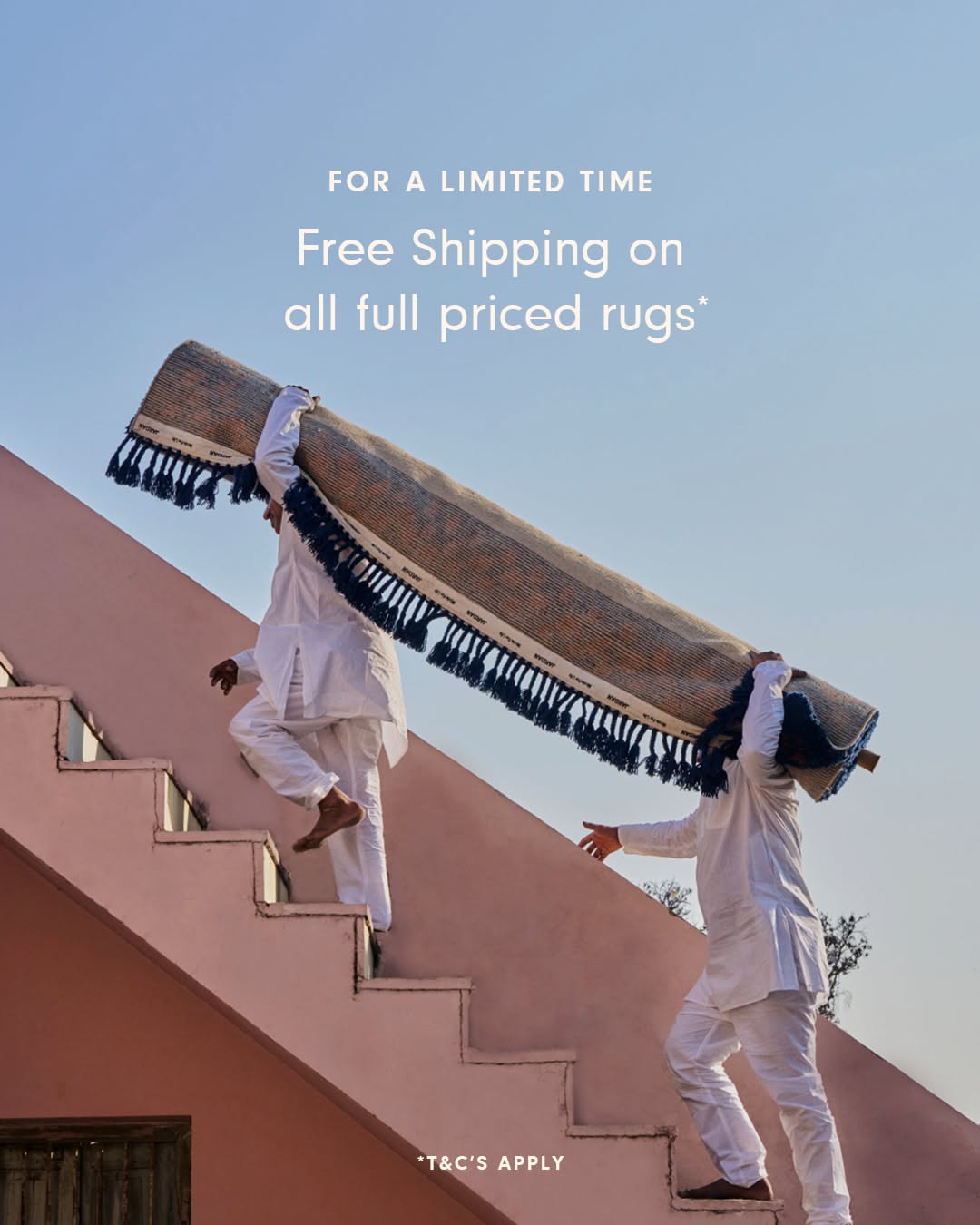 Instagram post: Rug carried up stairs for free-shipping offer, slide 1