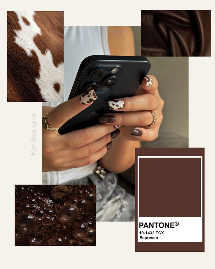 Nail Salons creative ad: Pantone Espresso swatch matching cow-print nails