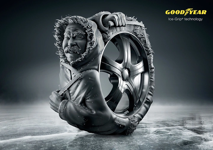 Automotive creative ad: Tyre sculpted as frost-covered arctic man hugging an alloy wheel on ice