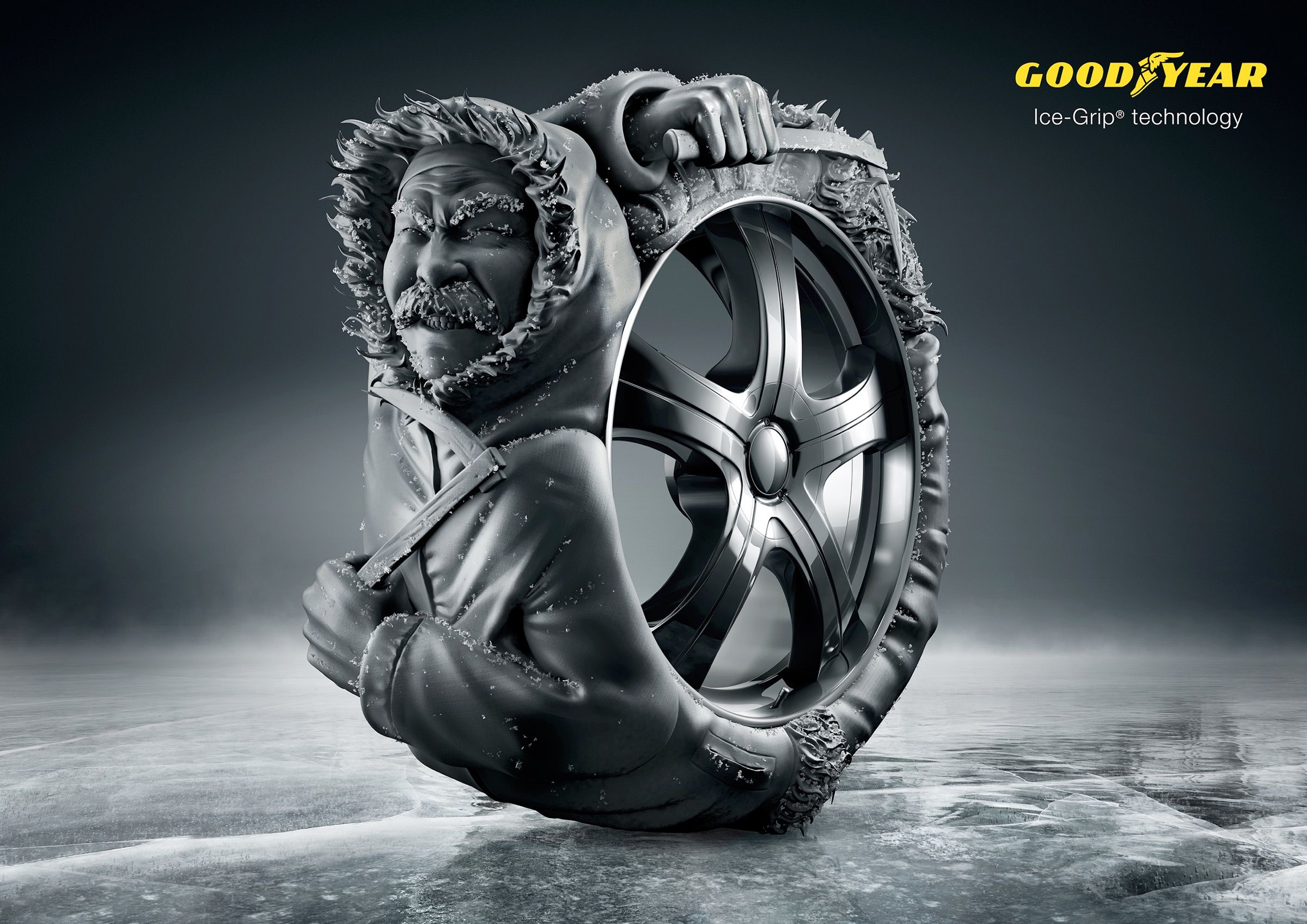 Poster: Tyre sculpted as frost-covered arctic man hugging an alloy wheel on ice
