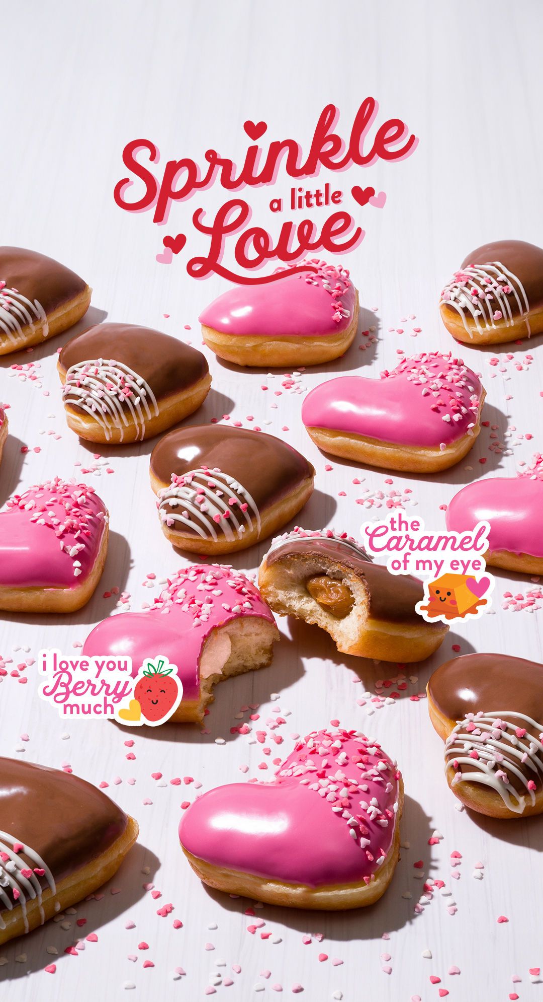 Valentine's Day Story: Scattered heart-shaped glazed doughnuts with pink sprinkles