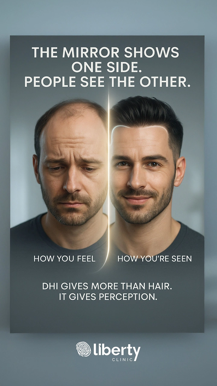 Hair Transplant & Hair Clinics creative ad: Mirror split: how you feel vs seen