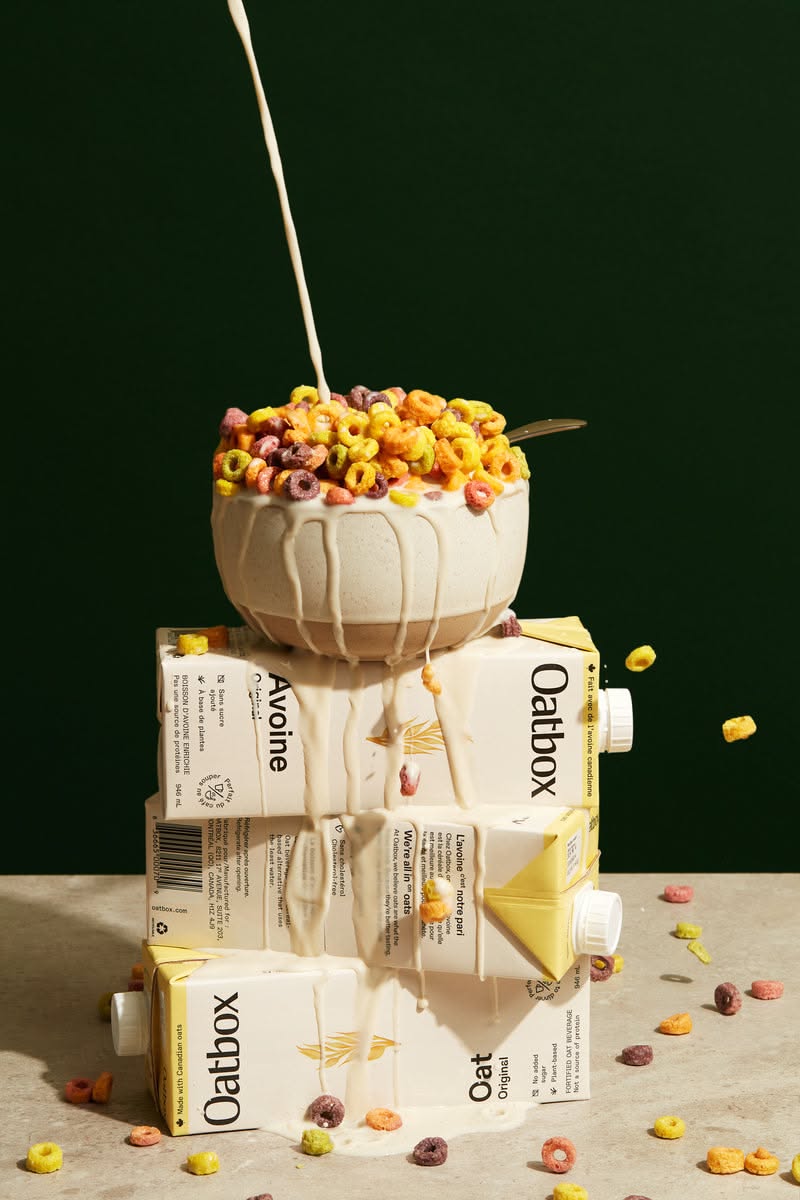 Story: Cereal bowl balanced on oat boxes