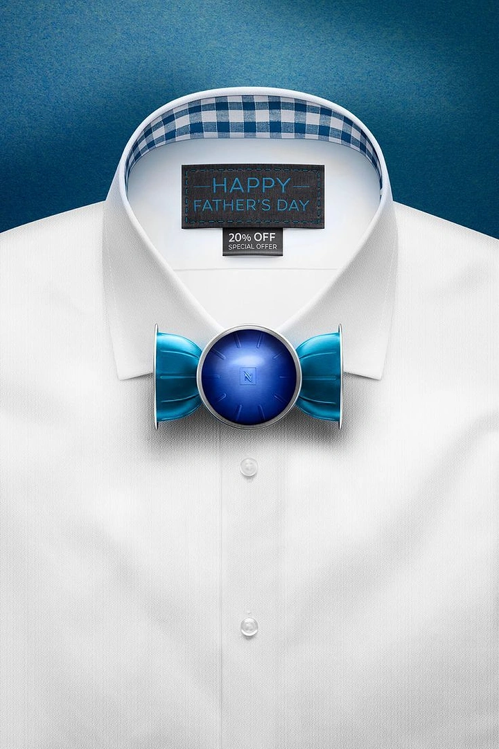 Father's Day creative ad: White shirt with a bow tie made from coffee capsules