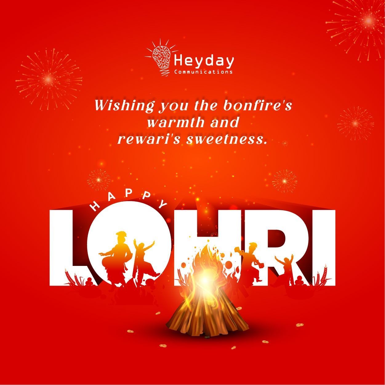 Bold LOHRI lettering with dancer silhouettes and a bonfire