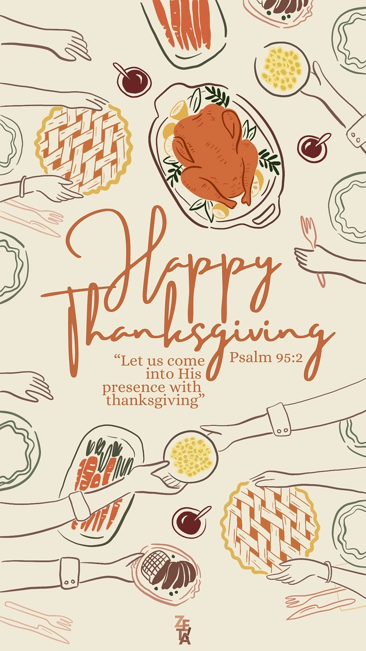 Thanksgiving creative ad: Top-down illustrated Thanksgiving table with hands passing dishes