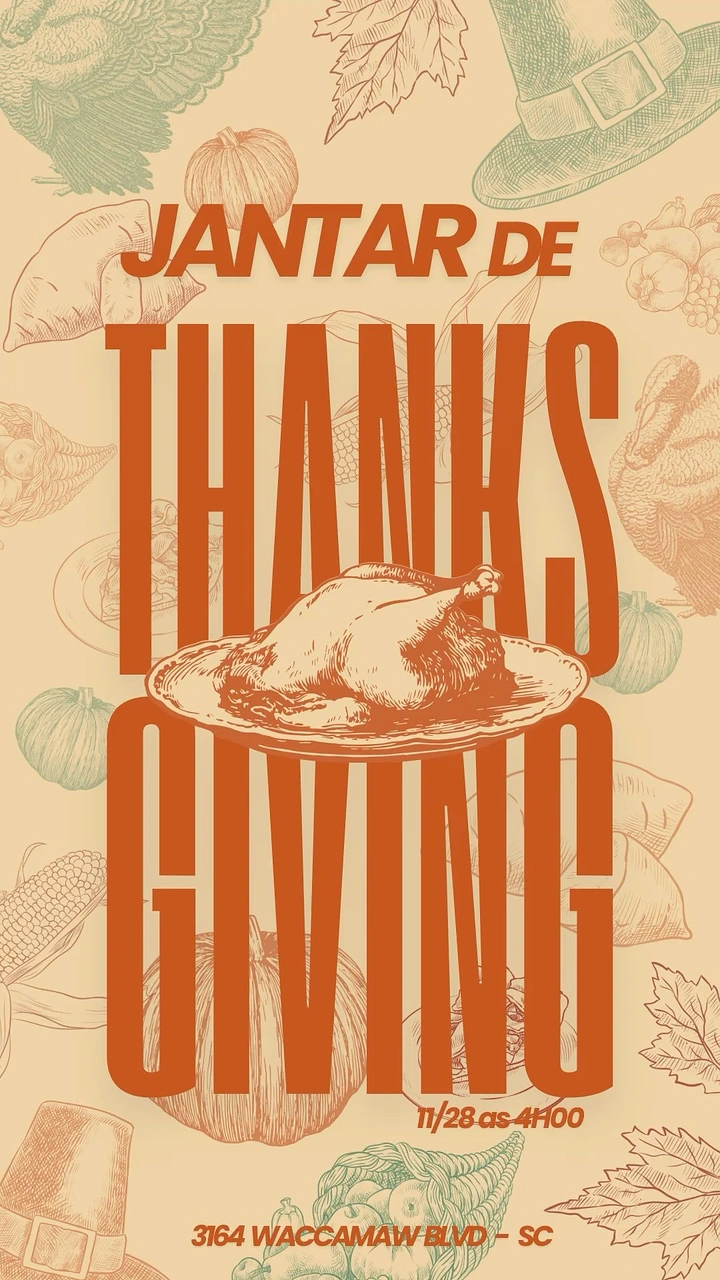Thanksgiving creative ad: Engraved roast turkey on platter over giant condensed type