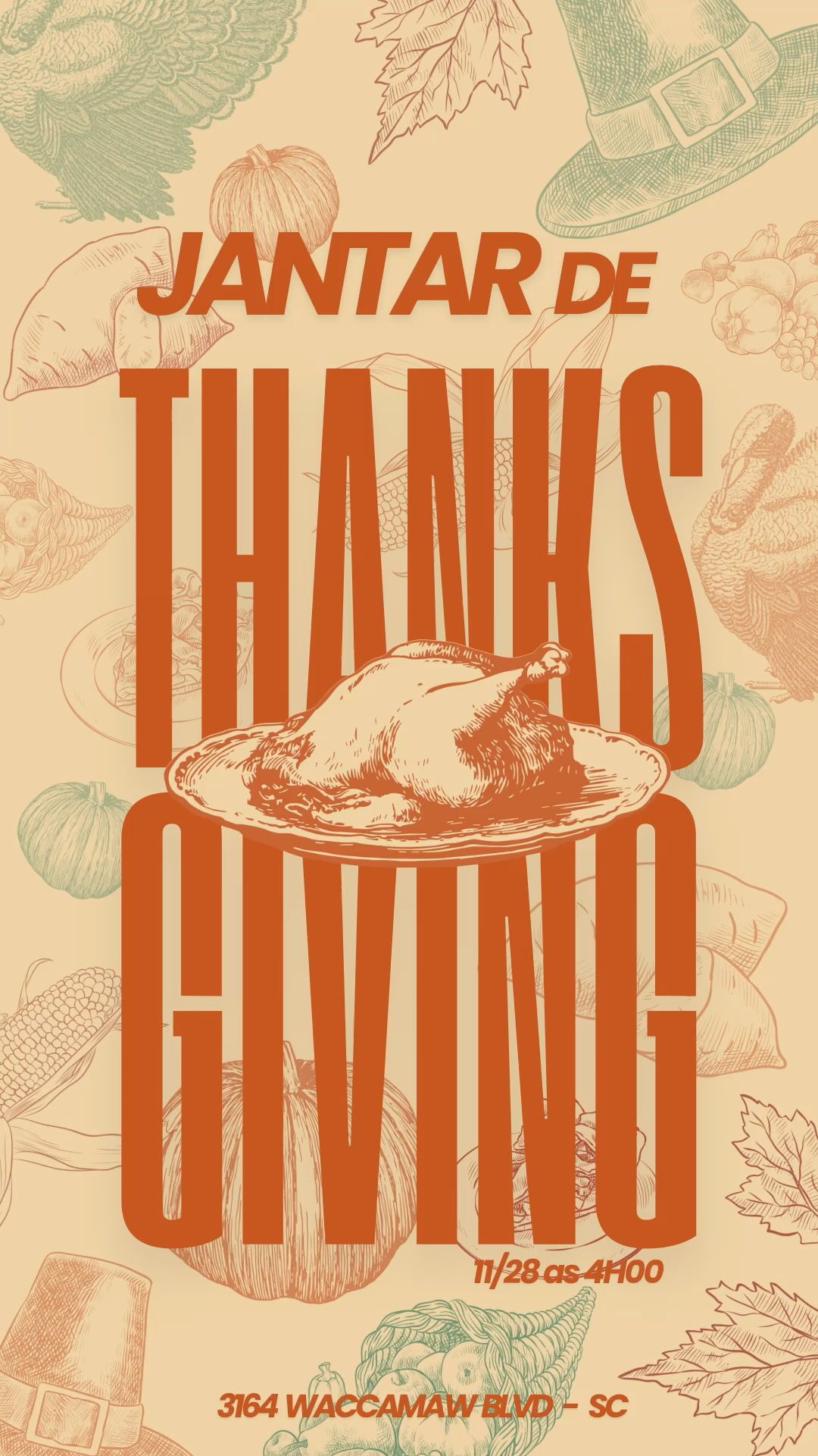 Engraved roast turkey on platter over giant condensed type