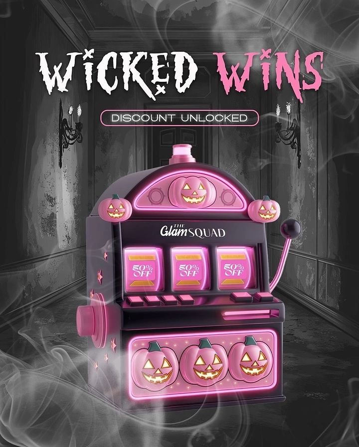 Halloween creative ad: Pink 3D slot machine with pumpkin reels showing 50% off