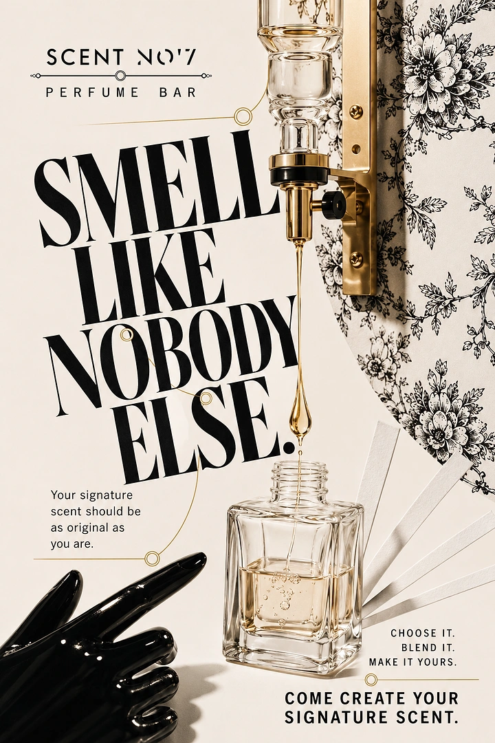 Creative ad: Gold tap dripping perfume oil into a glass bottle