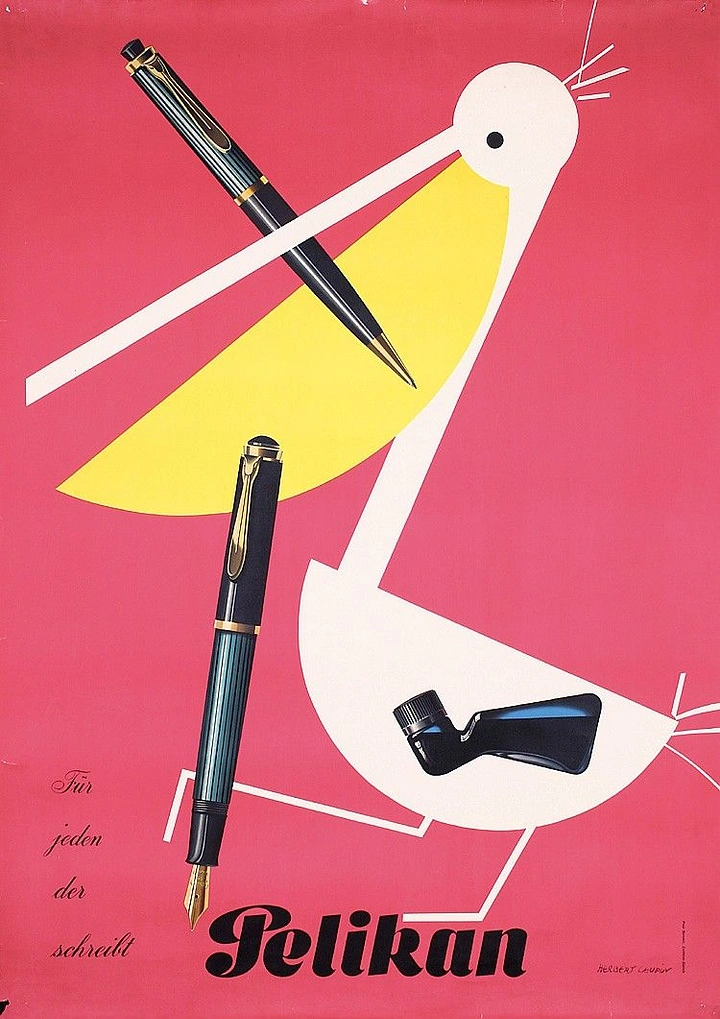 Stationery Shops creative ad: Geometric pelican built from flat shapes, holding pens and an ink bottle