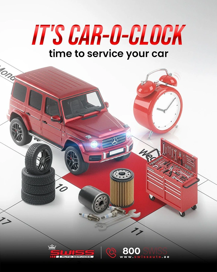 Auto Repair & Garages creative ad: Car-O-Clock pun with toy car, alarm clock
