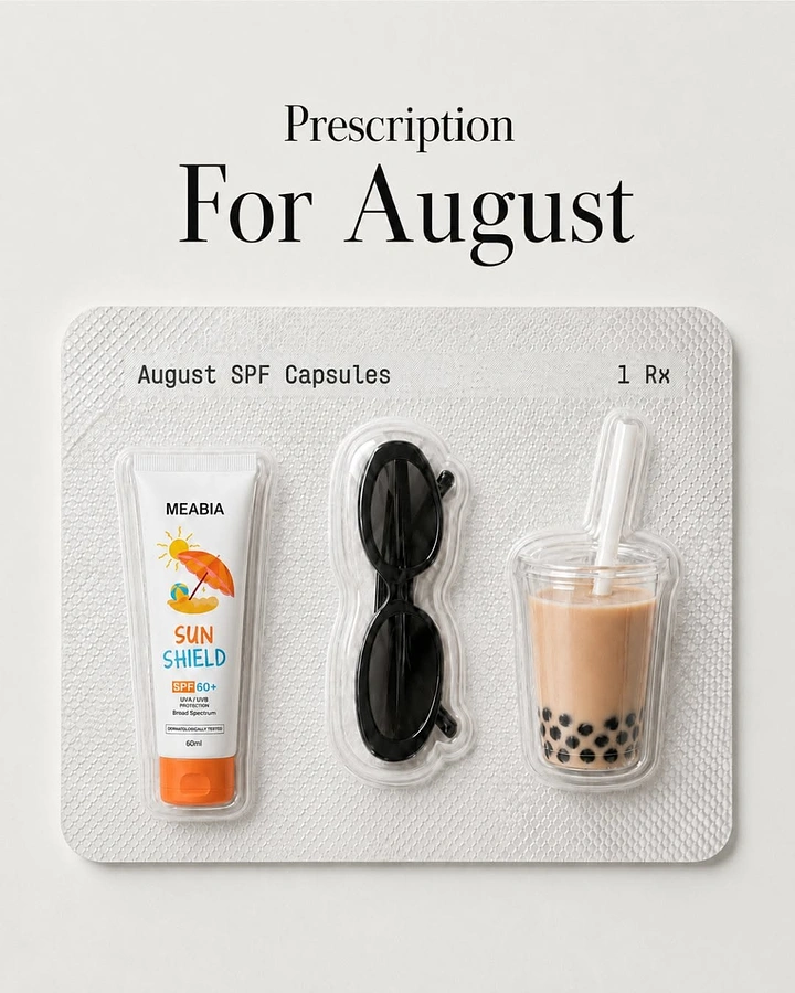 Beauty & Salon creative ad: Pill blister pack holding sunscreen, sunglasses and bubble tea