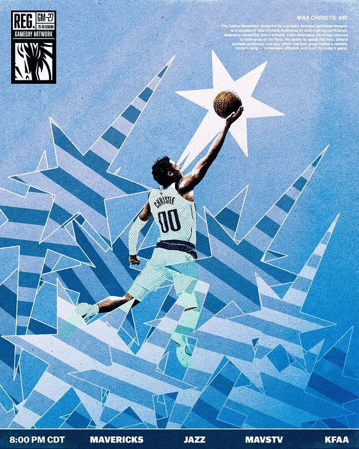 Sports creative ad: Basketball player leaping for a layup against a pile of striped star shapes