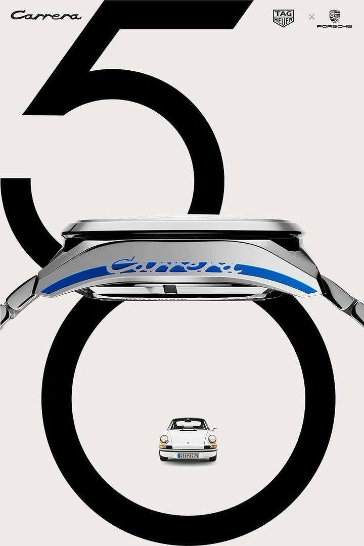 Creative ad: Side profile of a steel watch case over a giant 50 numeral, with a small white classic car