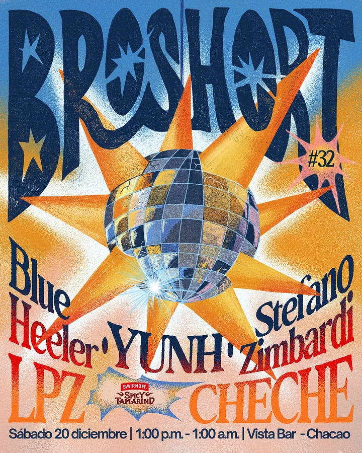 Creative ad: Illustrated mirror disco ball on an orange starburst