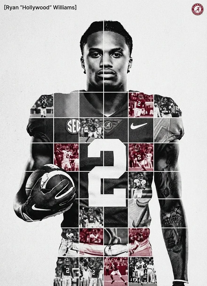 Education creative ad: Football player portrait with torso built from a grid of action photos
