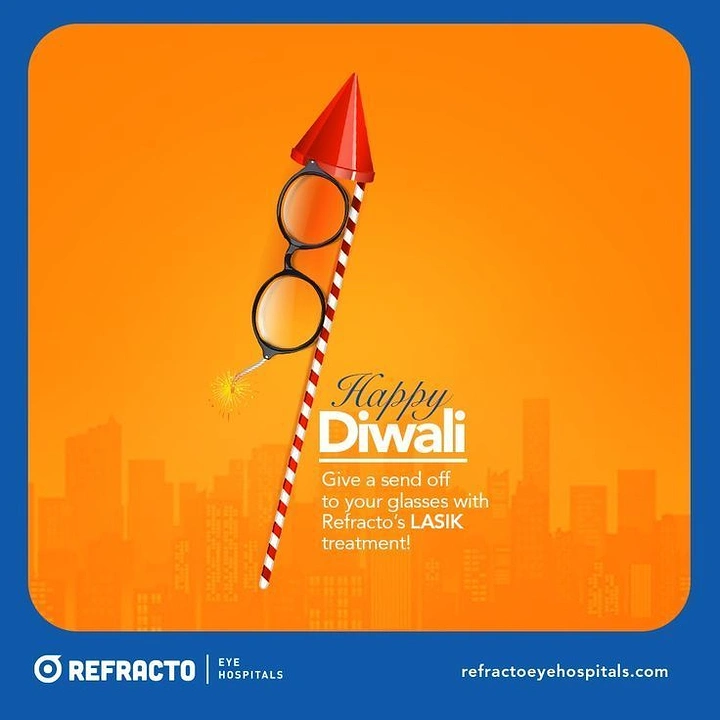 Diwali creative ad: Eyeglasses shaped into a rocket firecracker on a striped stick
