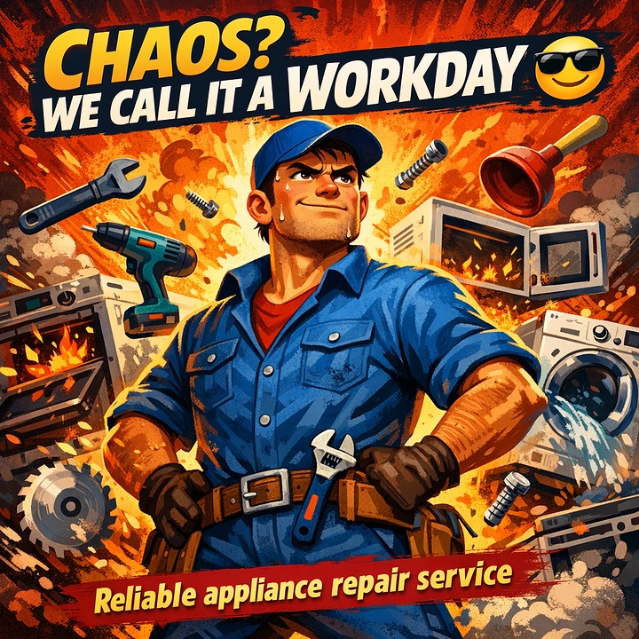 Appliance Repair creative ad: Strong illustrated chaos-to-repair campaign idea