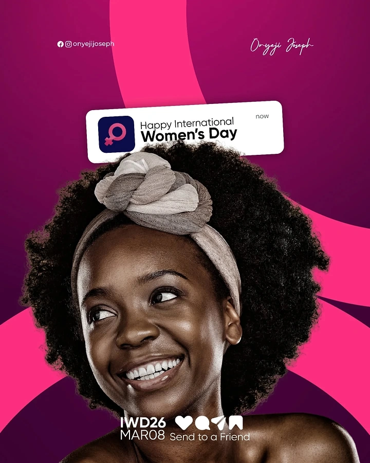 Women's Day creative ad: Smiling woman with afro and headwrap
