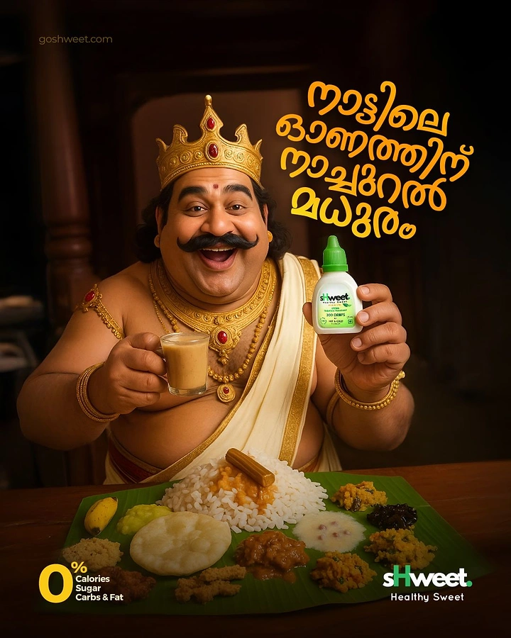 Onam creative ad: Laughing Mahabali holding tea and a sweetener bottle over an Onam sadya