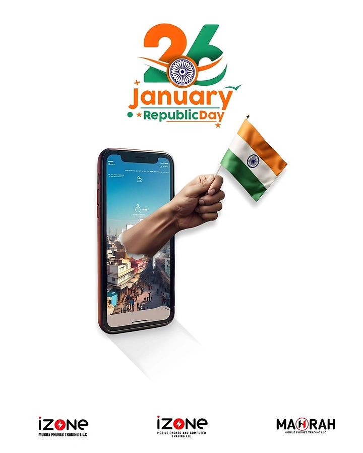 Republic Day creative ad: Arm reaching out of a smartphone screen holding an Indian flag