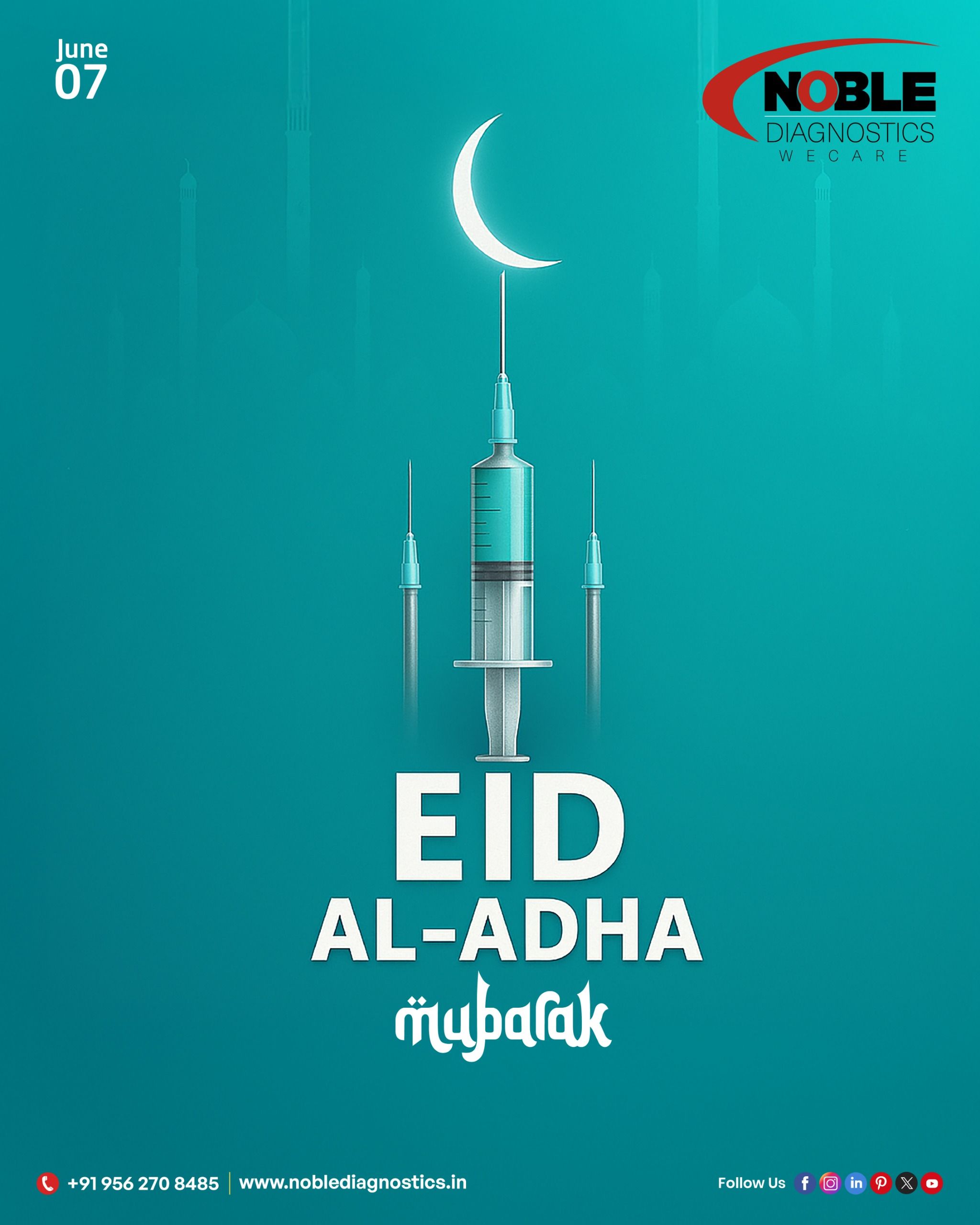 Syringes arranged like a mosque's minarets under a crescent moon